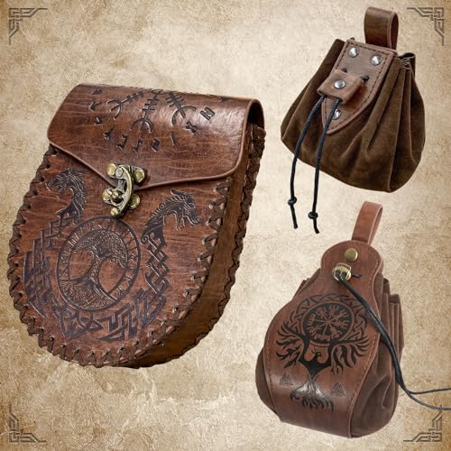 3 PCs Medieval Faux Leather Belt Bag Set, Renaissance Drawstring Pouch Dice Bag, Vintage Side Pack Coin Purse for LARP (Brown A)3