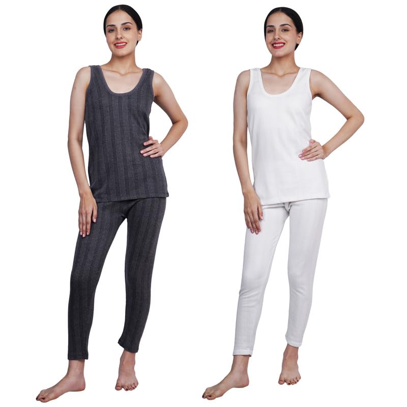 wako Women Sleeveless Thermal Set Dark Grey White Cotton Blend Innerwear Body Warmer Comfortable Stylish Thermal Wear Warm Inner Top and Bottom Combo for Daily Winter Cold Weather Protection-picture-40