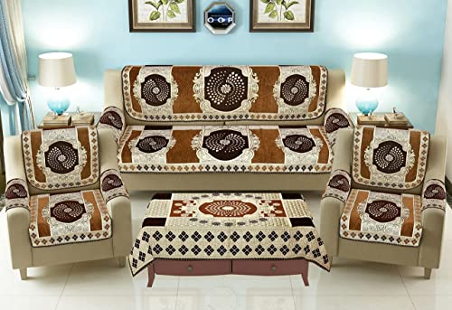 Image of SAWNA Homes 5 Seater Sofa Cover with Centre Table Mat | Chenille & Jackquard Sofa Panel 16 Pcs Set with Arm Cover 3+1+1 | 3+2 Seater Couch Cover for Living Room, Coffee