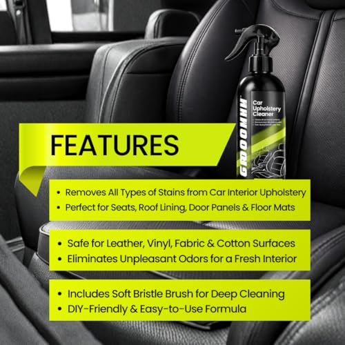 Image of Groommm Total Car Interior Cleaning Kit 250ml - Upholstery & Fabric Cleaner Spray With Cleaning Brush | For Car Seats, Roof Liner, Door Fabric & Seat Covers | Removes Tough Stains from Leather & Vinyl