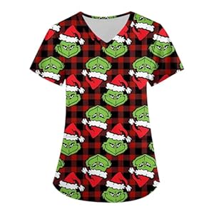Christmas Scrub Tops Women 2024 Print Plus Size Shirts for Women V Neck Short Sleeve Tunic Blouse with Pockets