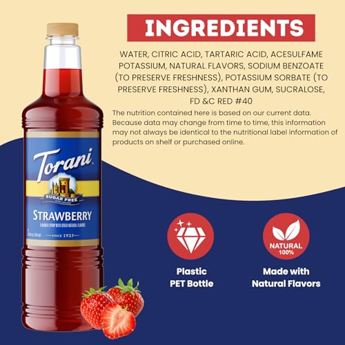 Image of Torani Sugar Free Strawberry Syrup 1 Liter with Pump - Keto & Zero Calorie