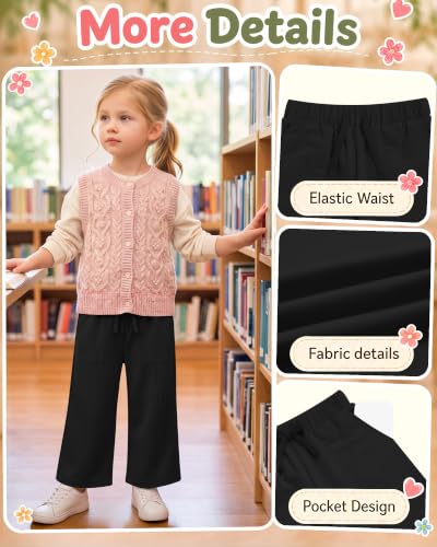 Image of Toddler Girls Wide Leg Pants | Baby Girls Sweatpants, Baggy Drawstring Pants with Pockets, Open Bottom Joggers, Back to School Trousers, for Kids 18M-5T