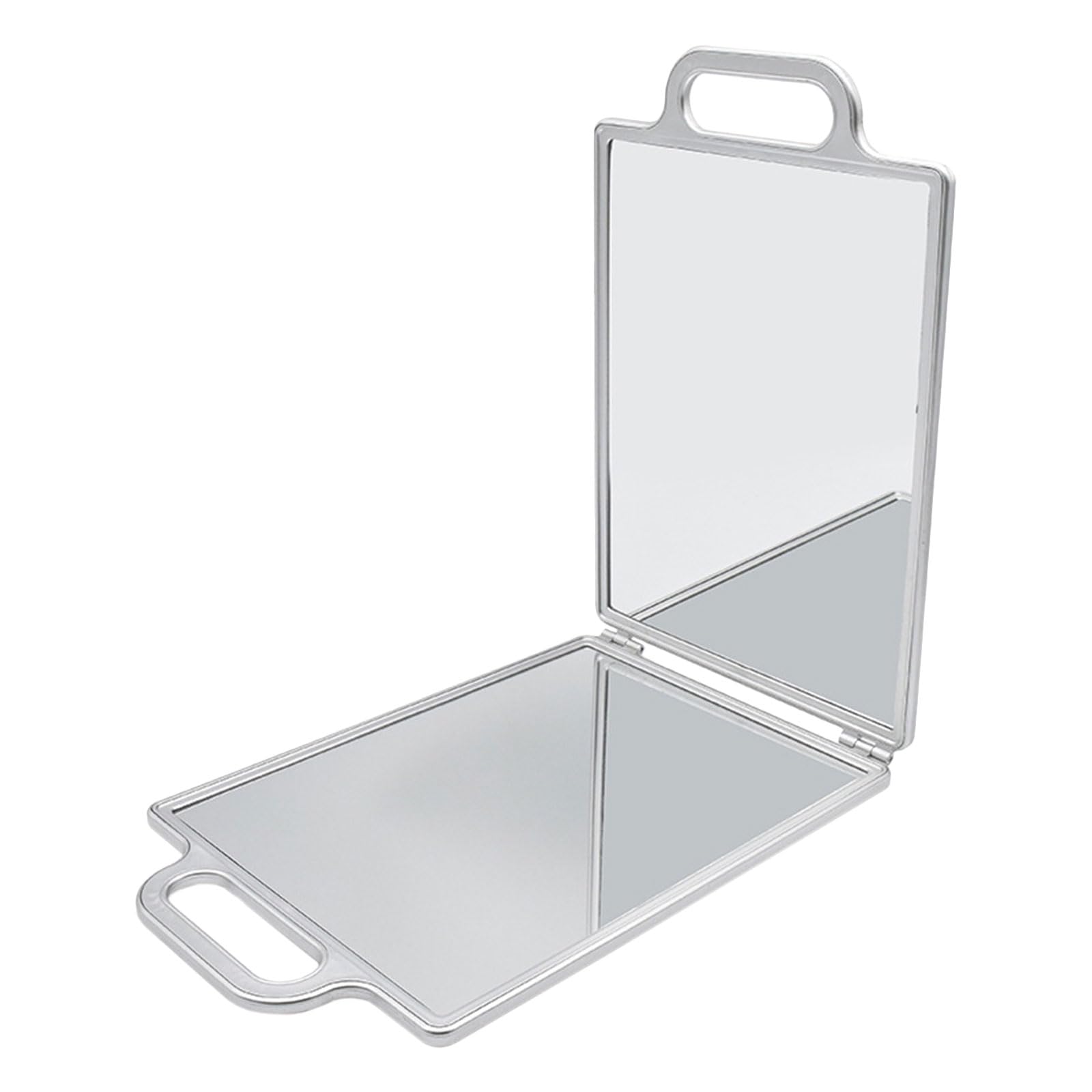 Specchio Portatile Doppia Faccia con Manico, Pieghevole in Vetro e Plastica Argento, Facile da Trasportare per Viaggi e Acconciature Professionali