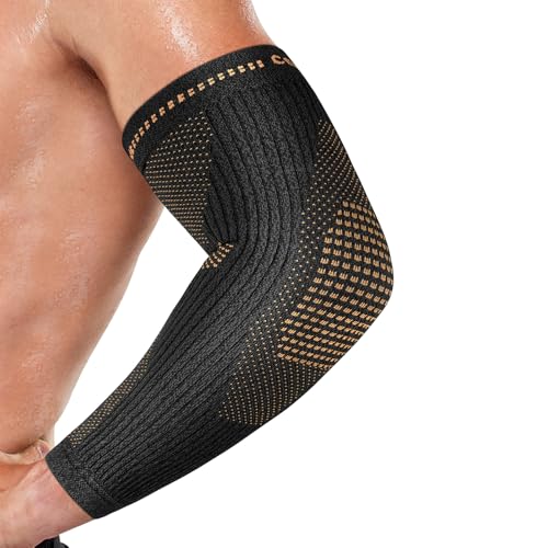 Vlela Copper Elbow Compression Sleeve - Tennis & Golfers Elbow Support Brace Extends to Forearm for Complete Pain Relief Wider Fit Hugs Joint Medium
