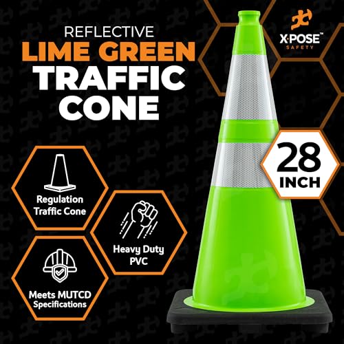 Image of Xpose Safety 28 inch Lime Green Traffic Cone Dual 6 inch & 4 inch Reflective Collar