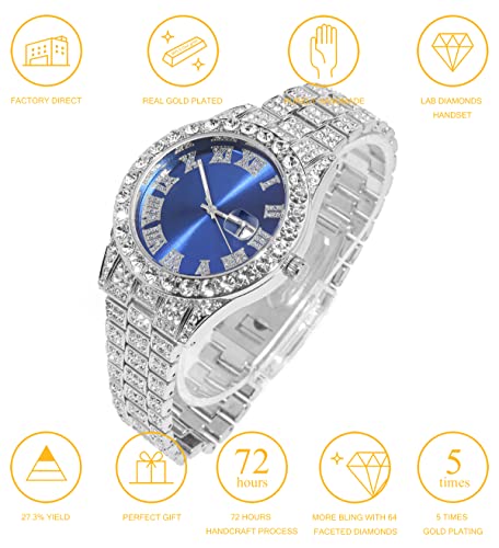 Halukakah Diamond Watch for Men - The Royal - 18K Real Gold/Platinum White Gold Plated & Handset Diamonds Iced Out,42MM Width Green/Blue/Red Dial Wristband 9.5”,Cuban Link Chain 8"+18",Comes with Giftbox3