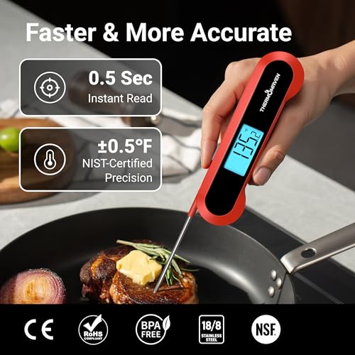 ThermoMaven Professional 0.5 Sec Instant Read Meat Thermometer Digital, NIST Certified ±0.5℉ Accuracy, Auto Rotate Large LCD Display, Waterproof Cooking Thermometer for Baking Grill BBQ Smoker Oven | 0.5 Sec Read Time, NIST Certified ±0.5℉ Accuracy,