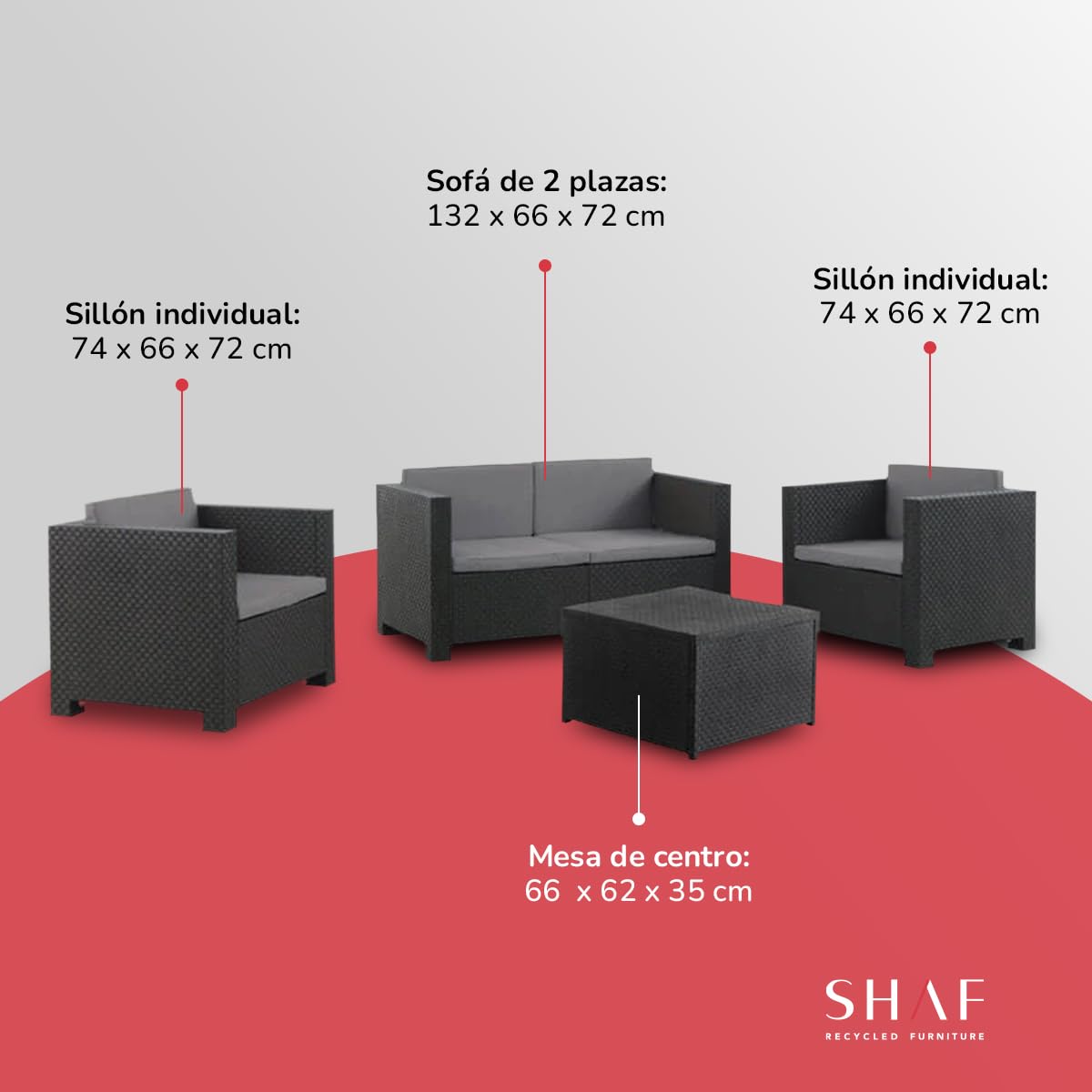 Shaf - Conjunto Jardín Exterior y Terraza - Sofá 2 Plazas, 2 Sillones con Cojines Acolchados y Mesa de Centro con Almacenamiento - Plástico Reciclado - Set Diva Confort Storage - Grafito