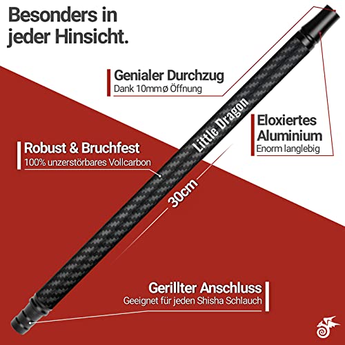 Little Dragon® Shisha Mundstück Carbon - 100% echtes Carbon 30cm - Bequemes und leichtes Carbon Mundstück Shisha - Grandioser Durchzug - Pulverbeschichtetes Alu - Edles Shisha Zubehör
