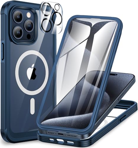 CENHUFO Funda Magnética iPhone 15 Pro, Compatible con MagSafe, Integrado [9H HD] Cristal Templado Protector Pantalla y Protector cámara, 360 Grados Antigolpes Carcasa Militar Capa Doble Case -Azul