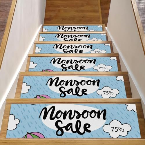Alfombra para peldaños de madera en juego de 15 piezas y formato de 76 x 20 cm con borde azul 2