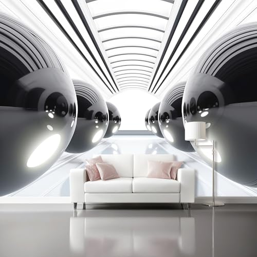 Carta Da Parati Arte Moderna Bianco Sfere Di Metallo Corridoio 3D Fotomurale – Design Moderno In Tessuto Non Tessuto Per Soggiorno Camera Da Letto Cucina – Murale 350 X 256 Cm