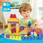 MEGA BLOKS First Builders Toddler Blocks Toy, Build ‘n Learn Portable Activity Table with 30 Pieces and Built-In Storage, Blue, Kids Ages 1+ Years