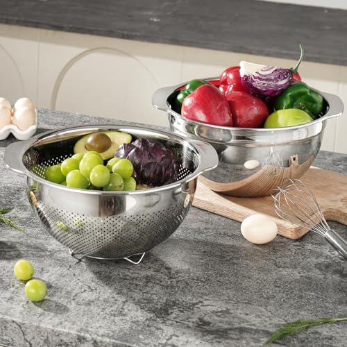 Image of 18 /8 Stainless Steel Microwell Colander, 3.5QT Large Capacity with Handle Kitchen Food Strainer Basket for Washing Vegetables, Fruits, Rice, and Pasta (primary colour, 3.5QTColander+3.5QT Mixing bowl)