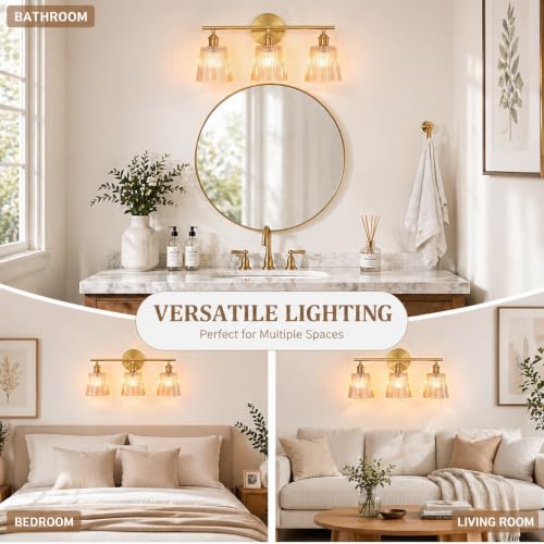 Image of Bathroom Light Fixtures, 3-Light Gold Bathroom Vanity Lights Over Mirror