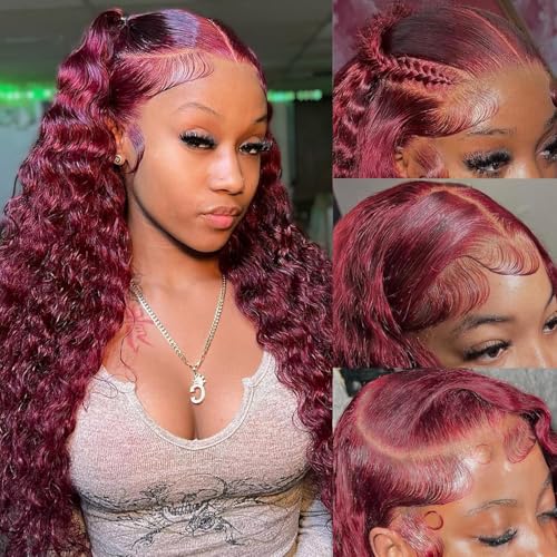 Burgundy Wig Human Hair 99j Burgundy 13x6 HD Transparent Deep