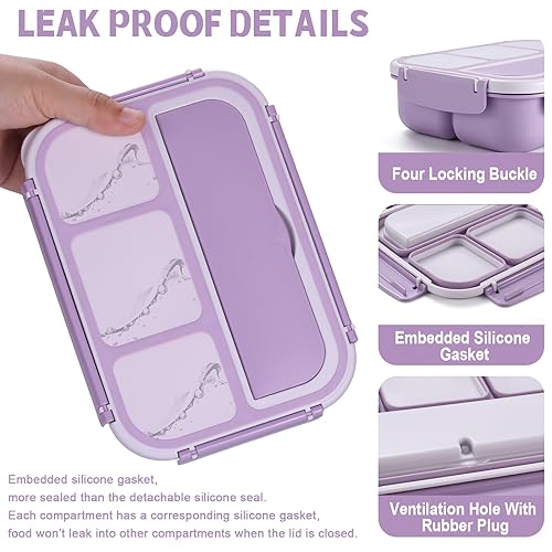 Image of Bento Box Adult Lunch Box, Lunch Containers for Kids Girls Boys with 4 Compartments, Lunchable Food Container with Utensils, Sauce Jar, Muffin Liners, 40 Oz /5 Cup, Microwave Safe, Lavender