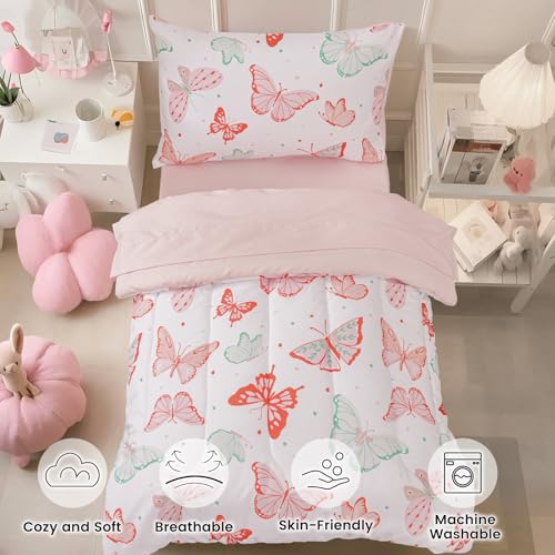 Image of david's kids 4 Piece Toddler Bedding Set - Soft Breathable Toddler Bedding Set for Girls, Includes Quilted Comforter, Flat Sheet, Fitted Sheet and Pillowcase, Butterfly
