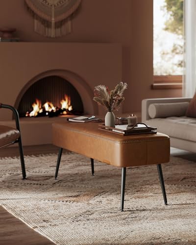 VASAGLE EKHO Collection - Bench for Entryway Bedroom, Synthetic Leather with Stitching, Ottoman Bench with Steel Legs, Living Dining Room, Mid-Century Modern, Loads 660 lb, Caramel Brown ULOM076K01 VASAGLE EKHO Collection - Bench for Entryway Bedroom, Synthetic Leather with Stitching, Ottoman Bench with Steel Legs, Living Dining Room, Mid-Century Modern, Loads 660 lb, Caramel Brown ULOM076K01