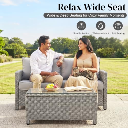 Image of DEVOKO 4PCS Patio Wicker Furniture Set Center Table Silver Grey Rattan Chairs and Grey Cushions Outdoor Furniture for Backyard, Garden, Blacony