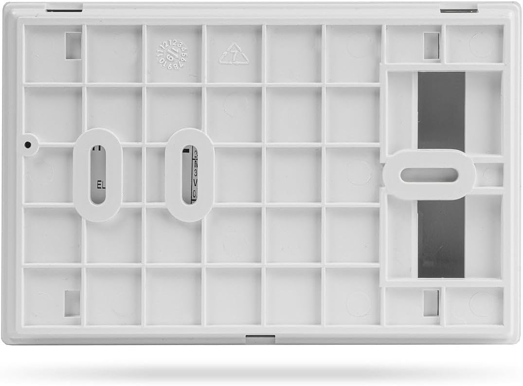 Back plate of the Seitron TFF01M thermostat, showing mounting holes and internal structure.