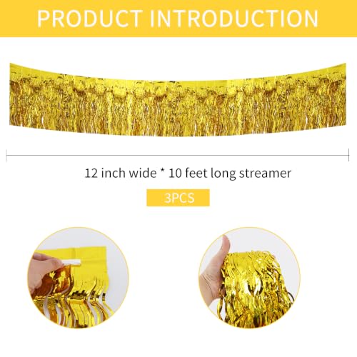 Image of BEISHIDA 3 Pack Gold Wavy Foil Fringe Garland 30ft Tinsel Wall Decor
