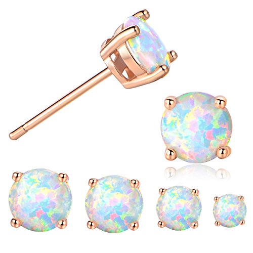 GEMSME 18K Rose Gold Plated 3/4/5/6mm Round Opal Stud Earrings Pack of 4