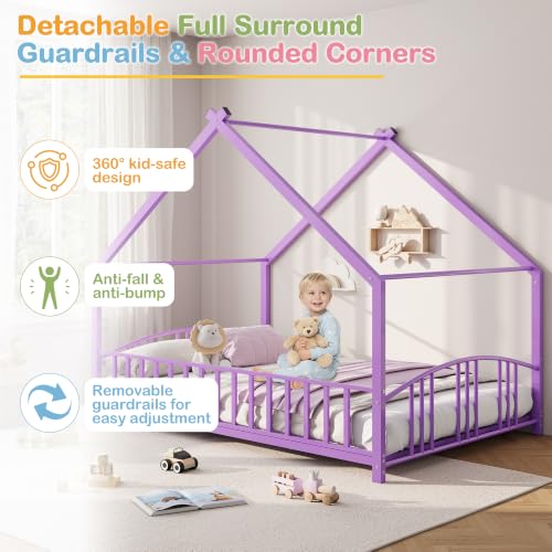 Image of Garvee Full Size Montessori Metal House Floor Bed Frame with Rail, Purple