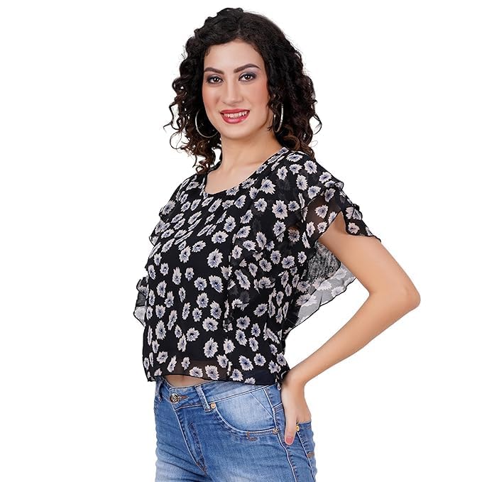 Image of Women's Pink Animal Printed Ruffle Sleeve Top, Western Style, Round-Neck