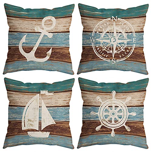 Huyaw Vintage Wooden Board Nautical Ship Wheel Boating Anchor Compass Throw Pillow Covers, Nautical Gifts, Ship Pillow Cases 18 X 18 Inch Home Lake House Sofa Decor Set Of 4 #TOP17