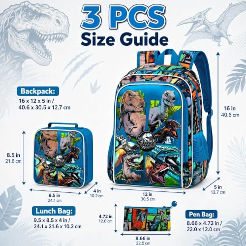 Image of CCJPX 3PCS Dinosaur Backpack for Boys, 16 Inch Water Resistant Preschool Bookbags, Cool Kindergarten School Backpacks and Lunch Box(Blue)