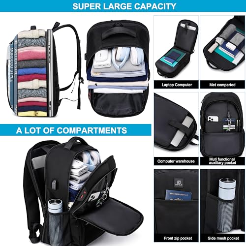 CAFELE 17.3 Inch Laptop Backpack, Water Repellent, External USB Charging Port, 180° Open Design, Anti-Theft, Business Travel Work Backpack for Men Women, Black - Image 2