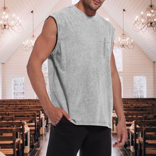 Image of Christian Gym Workout Tank Tops for Men Vintage Bible Verse Cross Graphic Sleeveless Muscle Shirts Acid Wash Tanks Top