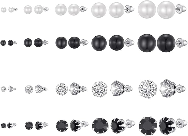 20 Pairs Small Earrings Rhinestone Pearl Stud Earrings for Women Stud Charm for Wedding Party Jewelry Accessories,Black White