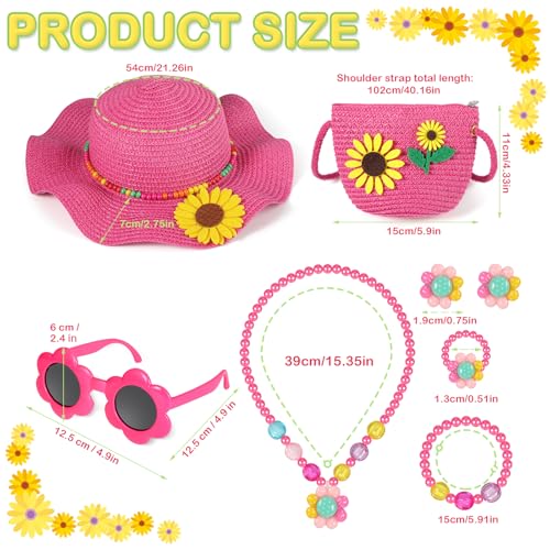 Girls Sun Hat Sunglasses with Sunflower Purse Jewelry Set, Sunflower Summer Straw Hat with Wide Brim for Kids Beach Holidays2