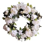 U'Artlines Front Door Wreaths, Artificial White Peony Hanging Wreath for Home Party Indoor Outdoor...