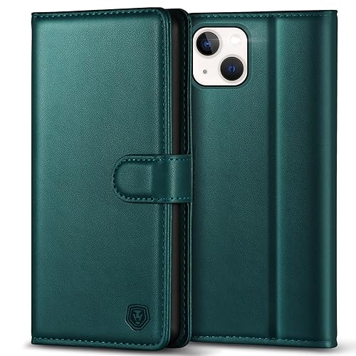 Coque iPhone 14 en cuir PU vert avec fentes pour cartes et support