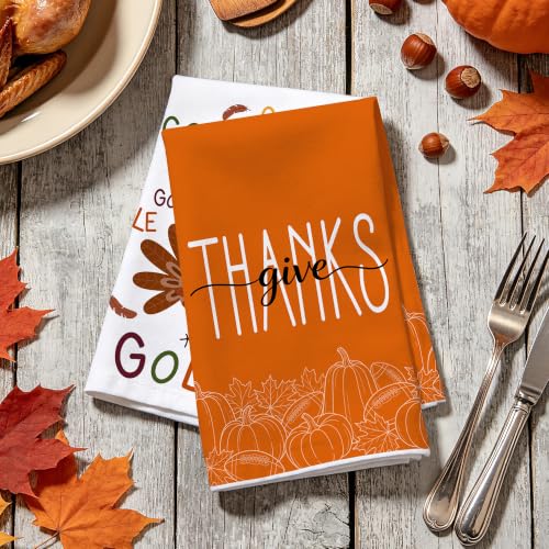 Image of Hexagram Thanksgiving Kitchen Towels Set of 2, Turkey Thanksgiving Decorations for Home, Gobble Hand Towel for Bathroom, Give Thanks Dish Towel