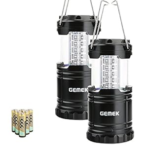 GEMEK Lantern Camping Essentials Lights, Tent Lights for Emergency, Survival Gear and Supplies for Hurricane, Led Flashlight for Power Outages, Battery Operated Lamp, Collapsible (Black 2 Pack)