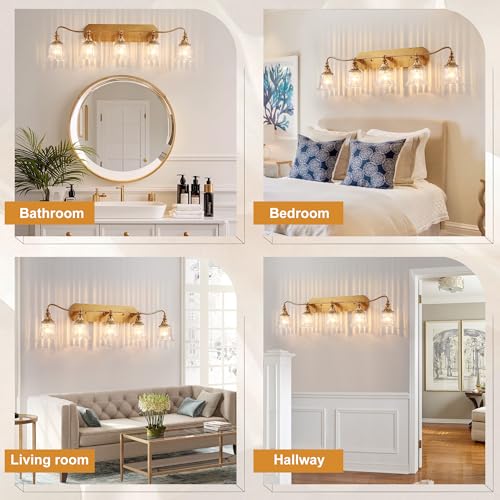 Image of LmnLvn Brushed Gold 5-Light Bathroom Light Fixture, Crystal Glass Shade