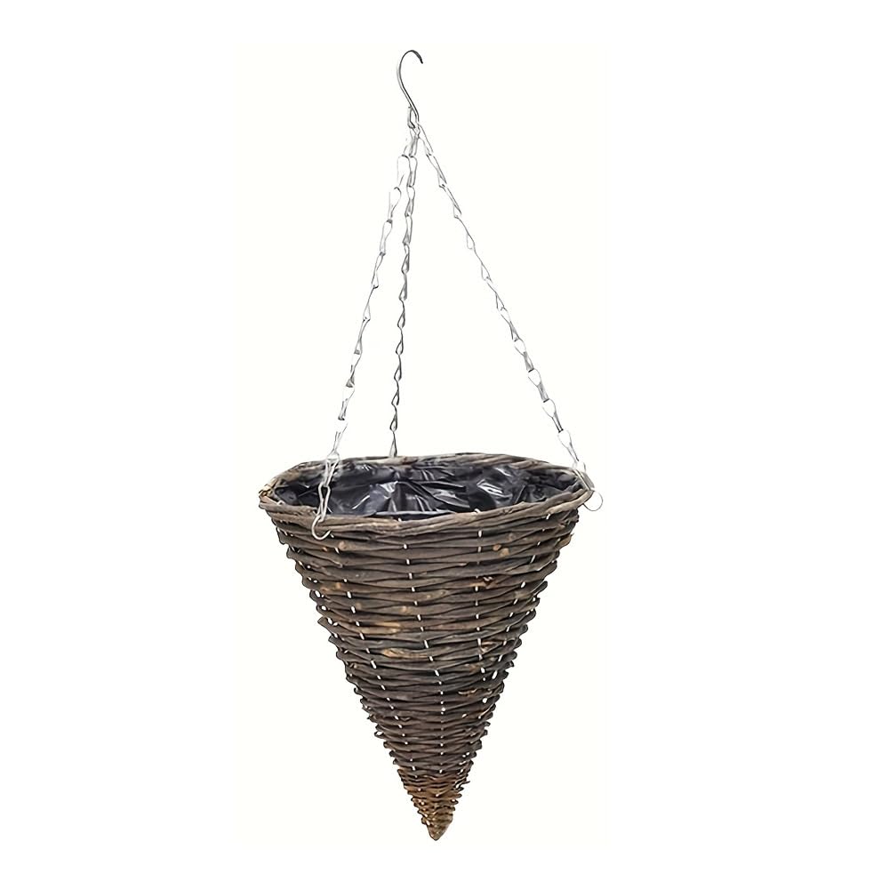 Wicker Basket Planters – Natural Rattan Willow Hanging Flower Pots with Polythene Liner & Metal Chain – Large Decorative Cone Shaped Hanging Planters for Indoor & Outdoor (Cone 30cm, 12Inch x 1Pack)