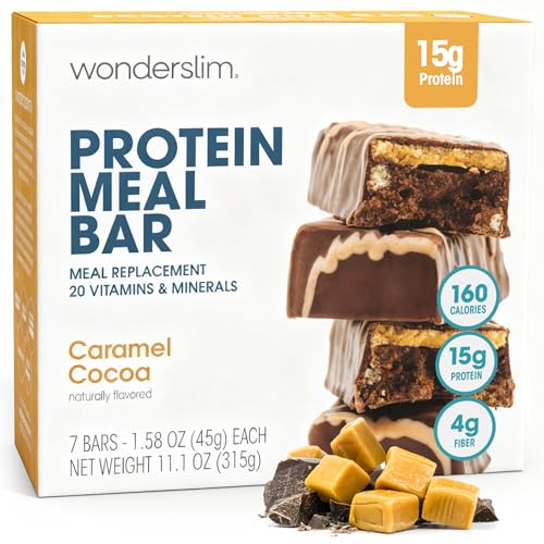 WonderSlim Meal Replacement Protein Bar, Caramel Cocoa, 15g Protein, 20 Vitamins & Minerals, Gluten Free (7ct)