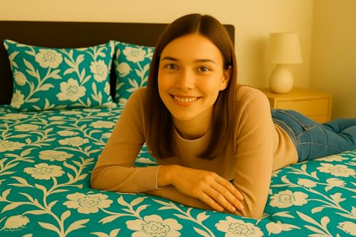 Image of Elastic Fitted Bedsheets with 2 King Size Pillow Covers | Double Bed with All Around Elastic, Size 72 x 78 x 8 Inches (Green Floral)