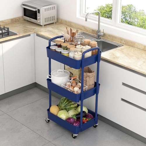 Image of Sywhitta 3-Tier Plastic Rolling Utility Cart with Wheels for Storage,Blue | Multi-Functional Storage Trolley, for Office, Living Room, Kitchen, Bathroom,Movable Organizer,Space-Saving,Easy to assemble