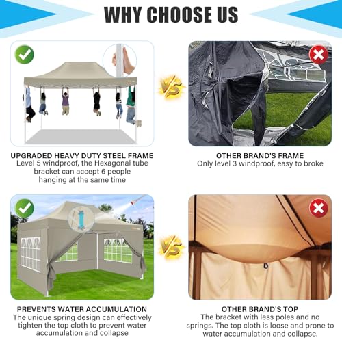 Image of HOTEEL Tents for Parties 10x15 Pop Up Canopy Tent Heavy Duty Instant Outdoor Canopy Commercial Event Tent Wedding with Roller Bag, UV 50+ & Upgraded No Water Accumulation, Thick Hexagonal Legs, Khaki