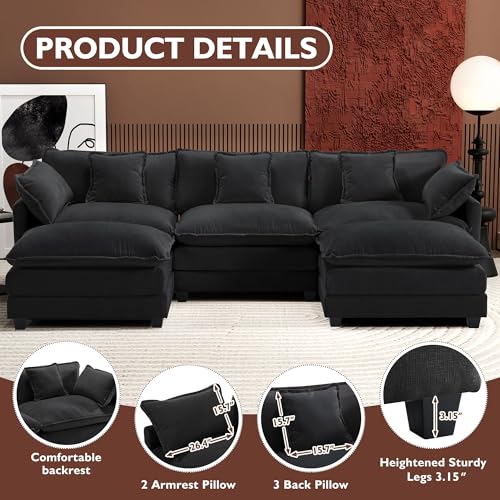 Image of Ihanherry U-Shaped Modern Sofa 111.4 inch Modular Sectional Cloud Couch with 2 Ottoman, 5-Seat Chenille Deep Seat Sofa with 5 Pillows for Living Room, Black
