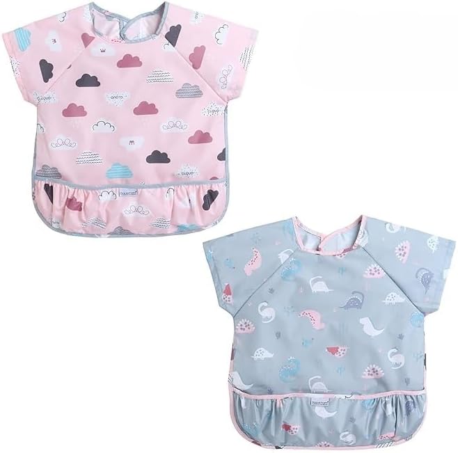 POLKA TOTS Waterproof Washable Half Sleeves Apron Feeding Bibs Combo Pack with Super Absorbent, Soft, Comfortable & Lightweight for Infants & Baby Toddlers(Pack of 2/Animal & Car Design)