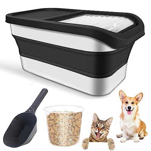 Collapsible 13LB Dog Food Storage Container with Transparent Sliding Lid, Moisture-Proof Folding Rice Plastic Container Pet Food Bin Measuring Cup and Scoop for Storing Oat Millet Macaroni Corn（Black）