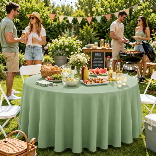 Image of WNINK 2 Pack Sage Green Round Tablecloth, 84 Inch Disposable Plastic Table Covers, Sage Green Round Table Cover for Wedding, Baby Shower, Bridal Shower, Birthday and Garden Party Supplies